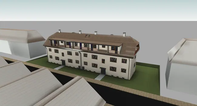 Celková 3D vizualizace bytového domu a okolí