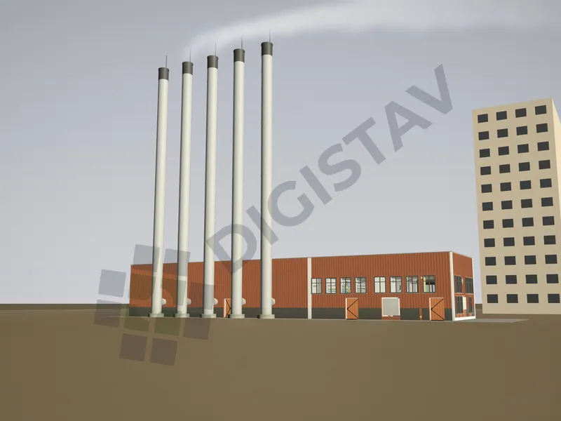 Celkový 3D pohled na blokovou kotelnu a komíny
