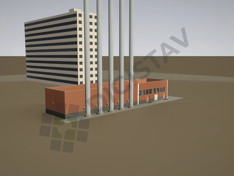 3D model exteriéru kotelny z jihozápadu