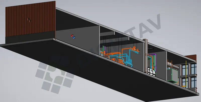 Podélný řez 3D modelem technologické strojovny