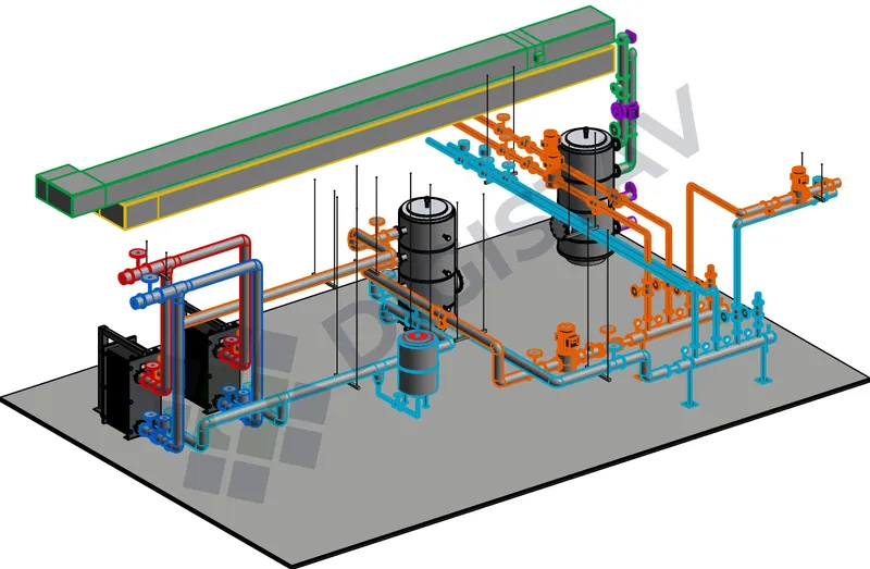 3D model technologických zařízení, výměníků a potrubních větví