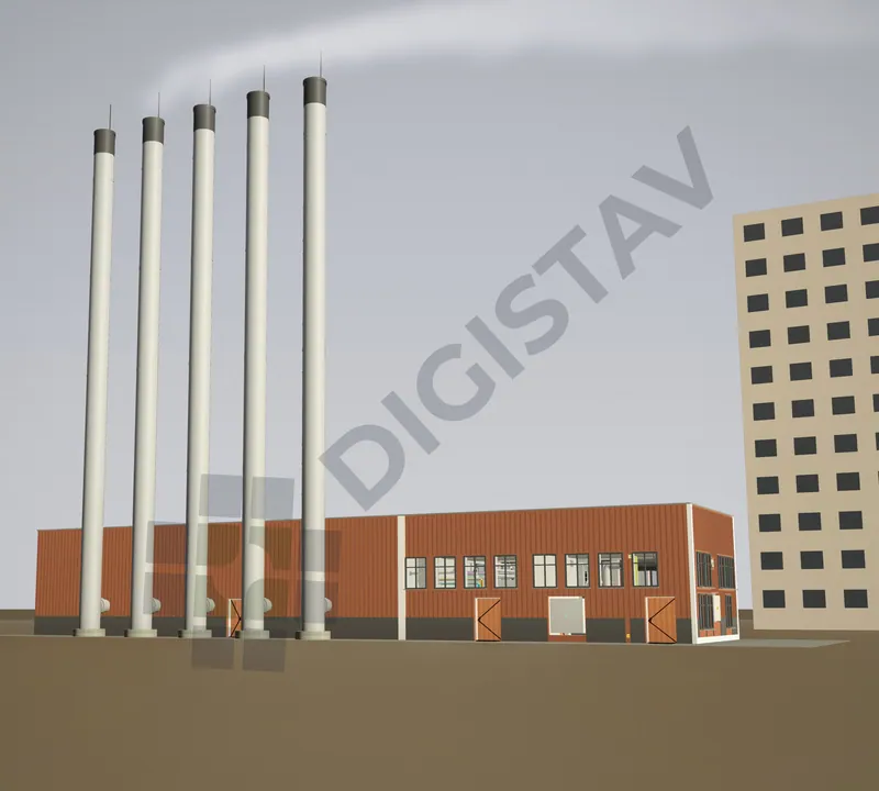Alternativní pohled na 3D model kotelny a komíny