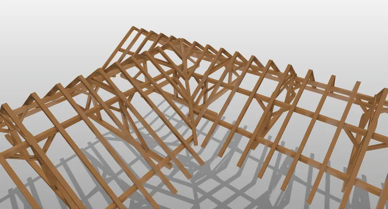 Celkový prostorový model nosné konstrukce krovu