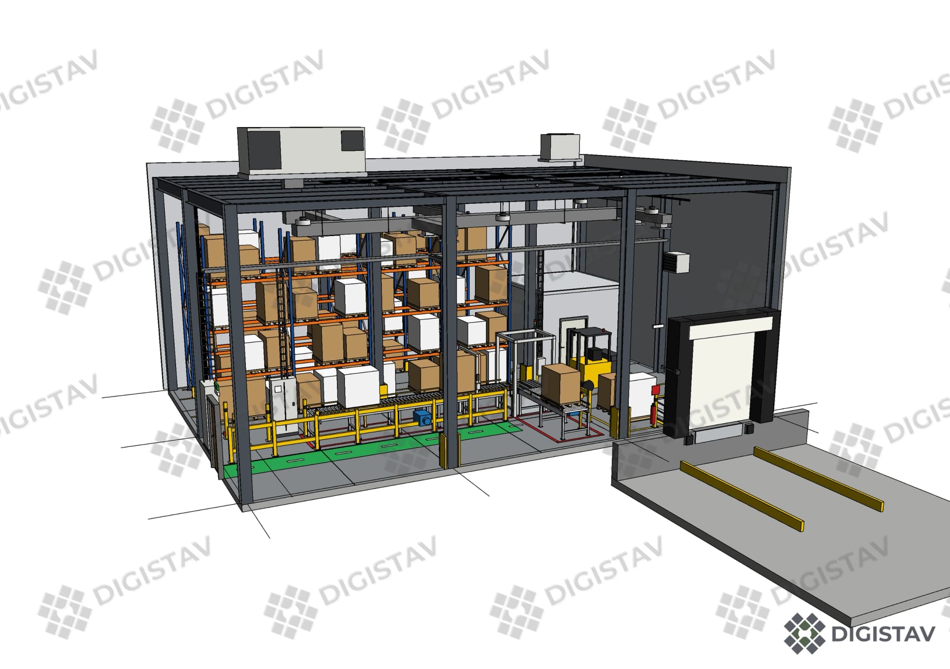 3D model logistického centra s regálovou technologií a vnitřními provozy