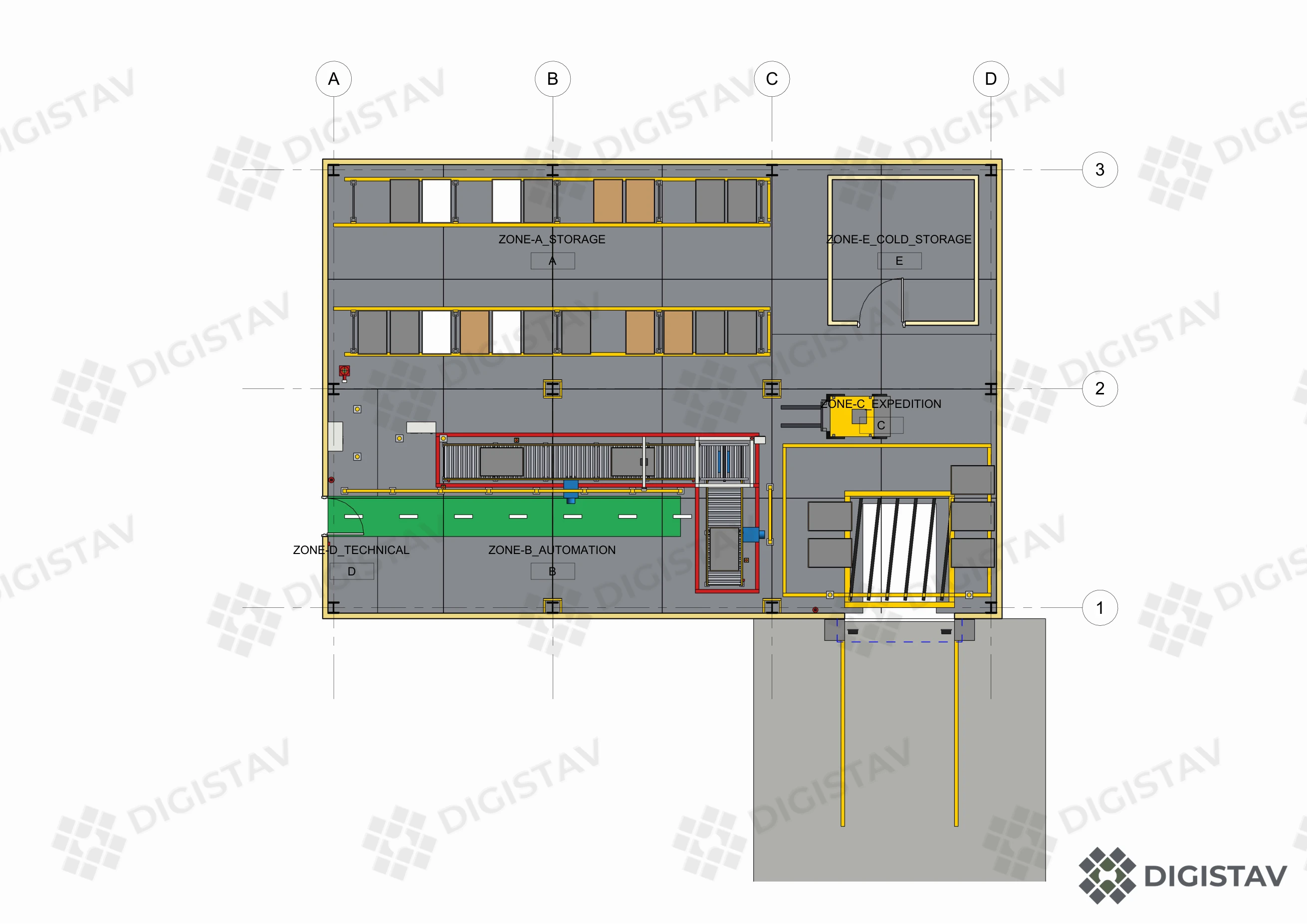 Ukázkový půdorys 1. NP logistického centra – PDF s vodoznakem DigiStav