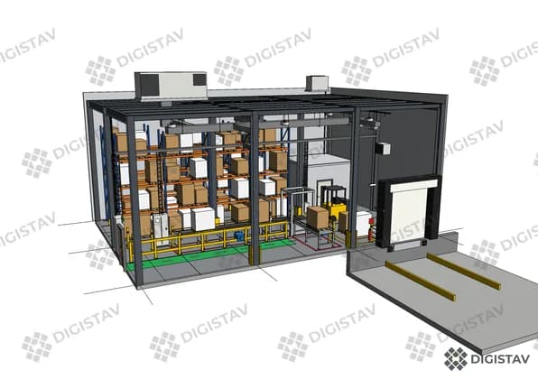 3D model logistického centra s regálovou technologií a vnitřními provozy