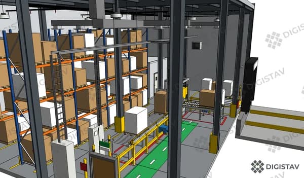 Detail digitálního modelu skladových regálů a automatizované dopravníkové linky