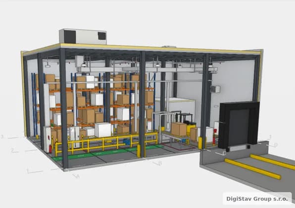 Celkový pohled na skladové technologie a expedici v 3D modelu