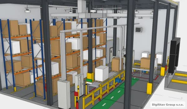 Detail uspořádání logistické technologie a konstrukce v digitálním modelu