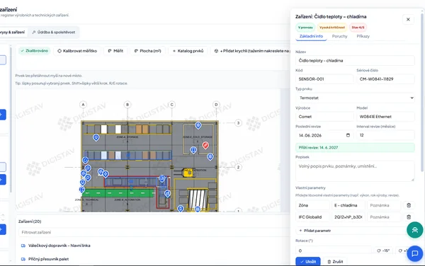Technická karta zařízení s parametry a návazností na půdorys