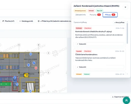 Ukázka pracovních příkazů navázaných na technické zařízení