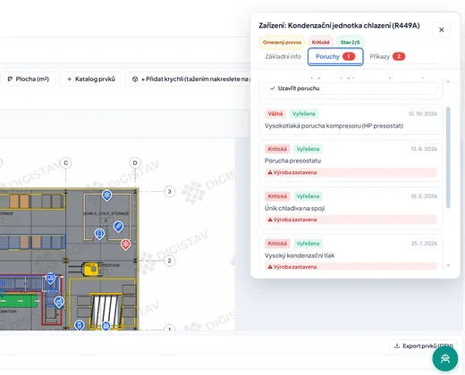 Ukázka evidence poruch technického zařízení v platformě Validorix